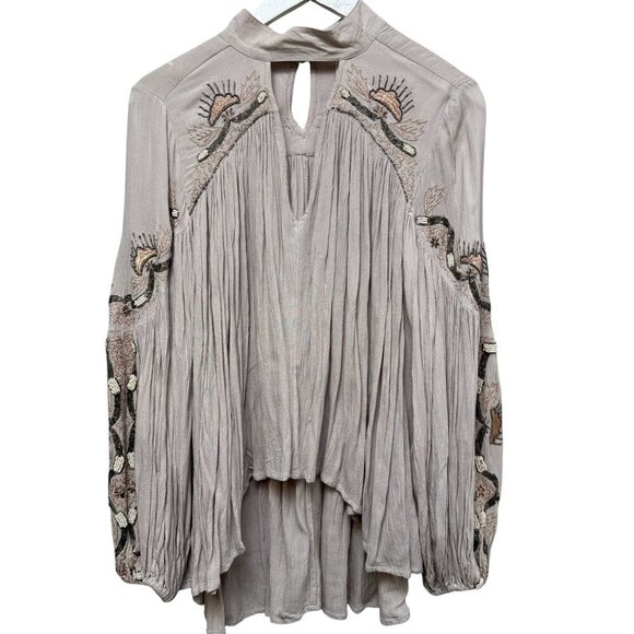 FREE PEOPLE Flowy Blouse XS Oversized Rayon Long Sleeve Boho Top Beaded Beige - Picture 2 of 14